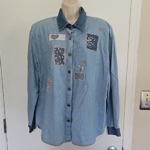 Vintage Teddi Floral Applique Denim Top Size XL